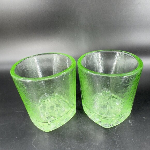 Fire & Light Green Recycled Glass Tumbler On the Rocks Square Signed Set 2 - Picture 14 of 16